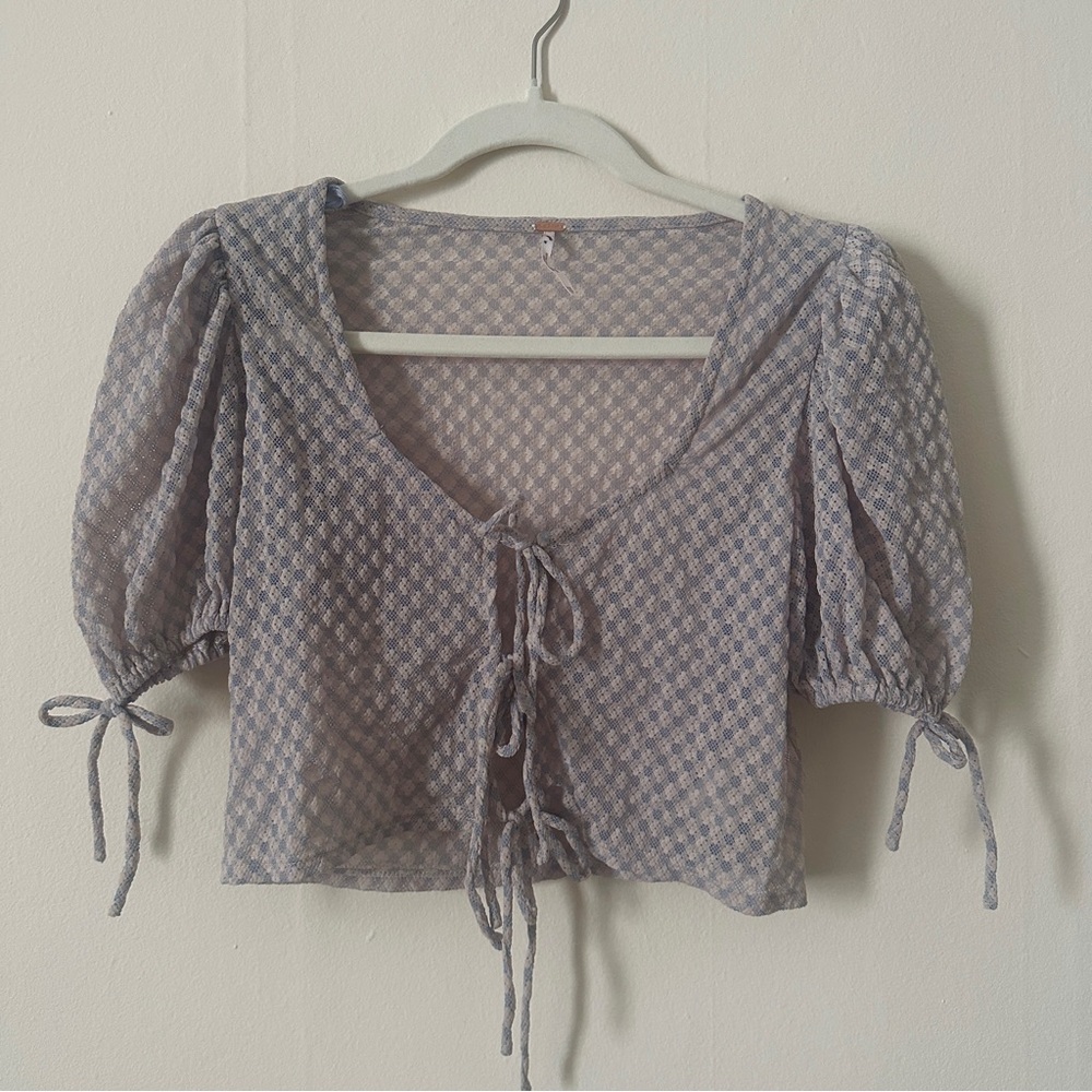 Free People Gray Checkered Puff Sleeve Blouse